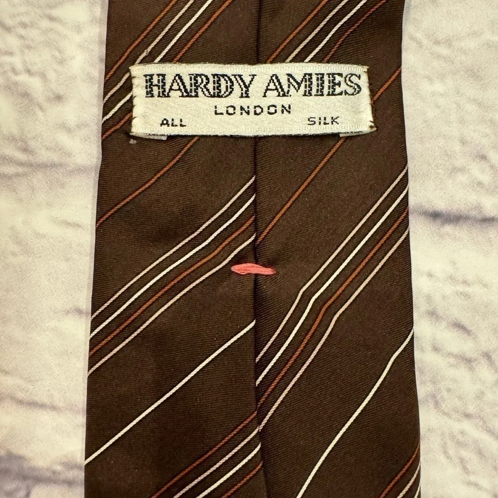 Hardy Amies Vintage Silk Tie Luxury Chocolate Brown Diagonal Stripes Pink White